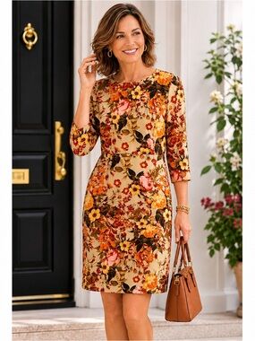 Talbots Floral Fall Thanksgiving Sheath Office Church Dress 12 Petite Excellent!